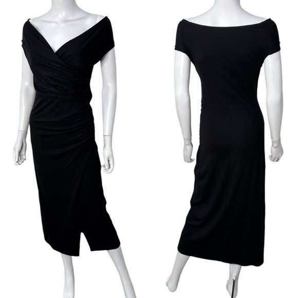 Reformation Cormac Ruched Wrap Style Jersey Midi Dress with Slit in Black Size M - Picture 4 of 16